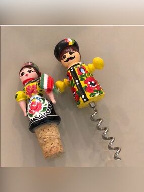 Hungarian figures Hand-painted ceramic and wooden figural wine bottle stopper an